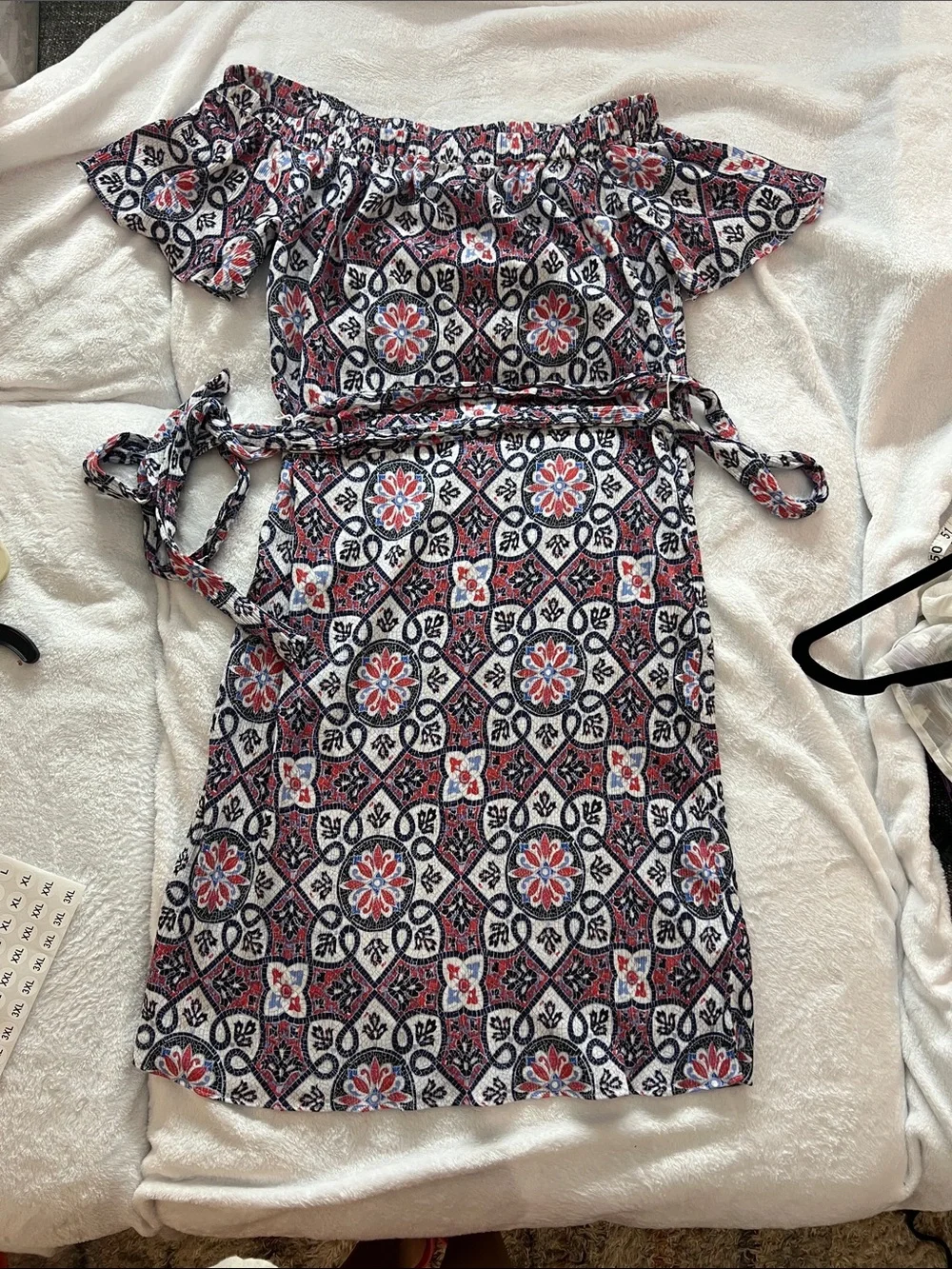Michael Kors Off-Shoulder Midi Dress in Navy, White & Red